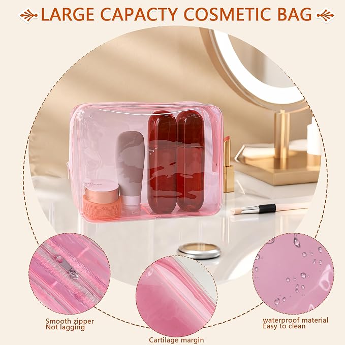 Waterproof PVC Makeup Bag - Leakproof Cosmetic Organizer for Travel Toiletry Storage 9.84×7.09×2.36 Inch for Women & Men (Pale pink) - Image 3