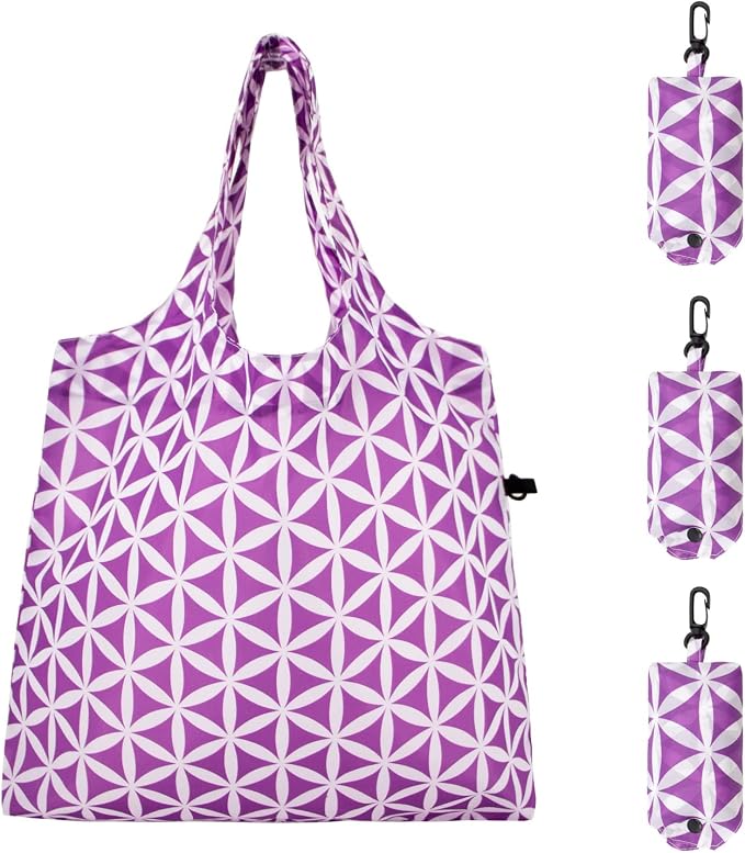HOLYLUCK Reusable Grocery Bags,Heavy Duty Foldable Shopping Tote Bag (Standard, 3 Purple Geometric Flowers) by holyluck