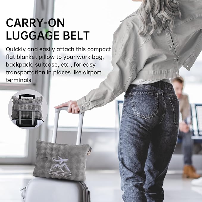 Travel Blanket and Pillow-2-in-1, Ultra-Soft&Compact, One-Piece Airplane Blanket with Hand Luggage Belt and Backpack Clip,Travelers Accessories Gifts, 61x43 Inches (Gray) - Image 4