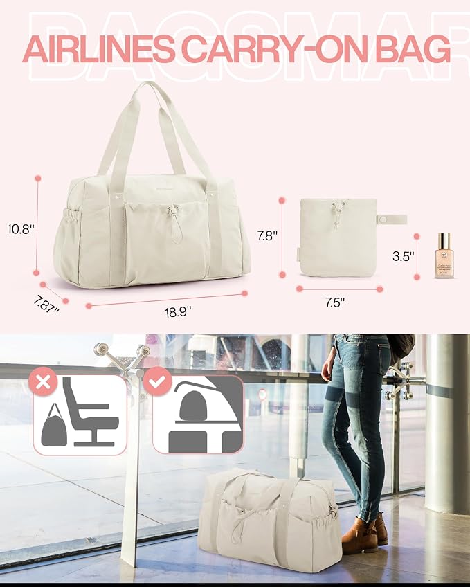 BAGSMART Foldable Travel Duffle Bag for Women, Gym Tote for Sports, Beige | 26L Airport Carry On Weekender Overnight Bag for Travel, Travel Accessories - Image 5