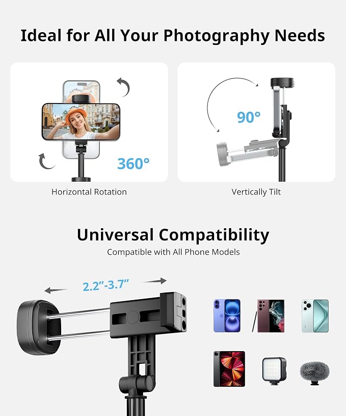 Fuloview 72'' Selfie Stick Tripod,Tripod for iPhone Wireless Remote for Selfies,Group Photograph,Video Recording. Phone Stand Compatible with iPhone Android Phone,Camera - Image 4