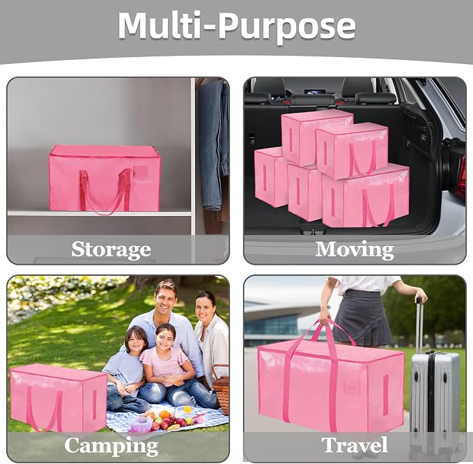 12 Pack-Extra Large Heavy Duty Moving Bags - Waterproof Storage Totes with Handles & Zippers, Foldable for College Dorm, Storage (Pink) - Image 7