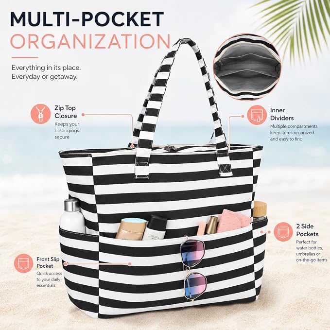 LEDAOU Large Beach Bag for Women, Waterproof Sandproof Tote Bag with Zipper | 36L Pool and Swim bag with Zipper, Wet/Dry pocket and 7 Pockets for Beach Days, Cruises, Vacations and Family travel - Image 6