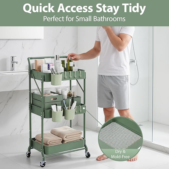 Amatic 3-Tier Folding Rolling Utility Cart with Wheels, Metal Foldable Storage Cart Organizer with 3 Hanging Cups & 6 Hooks for Kitchen, Office, Living Room, Nursery(Green) - Image 9