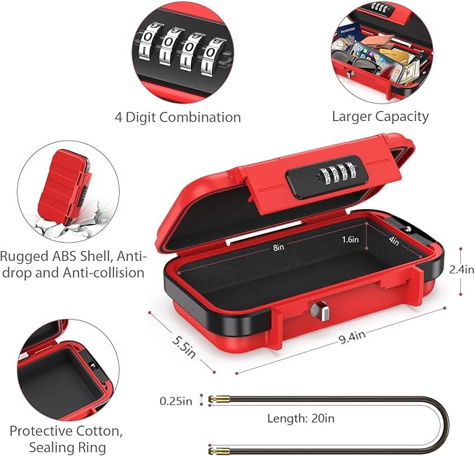 LOFICOPER Travel Safe Lock Box, Waterproof Beach Lock Box, Anti-Theft Personal Security Case with 4 Digit Resetable Code, Removable Chain, Portable Safe for Travel, Home, Office, Keys, Cash, Red - Image 3