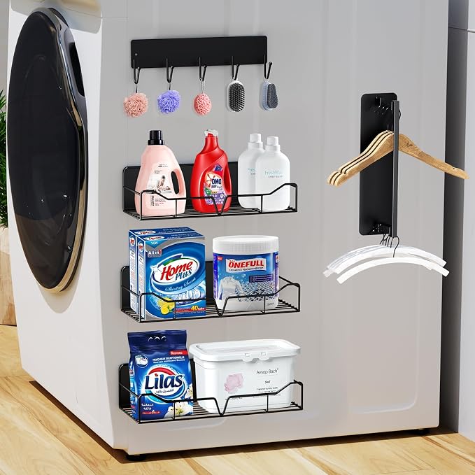 Magnetic Shelves for Washing Machine & Fridge Utentils Rack 5 Pack- Metal Heavy Duty Magnetic Shelf Magnetic Laundry Organizer with Hooks and Towel Holder for Magnetic Laundry Room Storage (Black) - Image 2