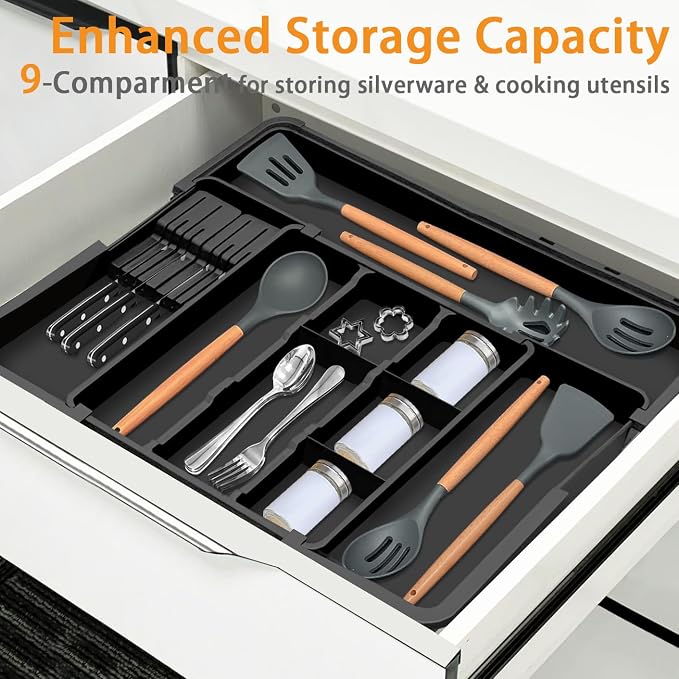 Large Utensil Drawer Organizer for Kitchen, Expandable Silverware Organizer Utensil Holder, Cutlery and Flatware Cooking Tray, Kitchen Drawer Organizers and Storage with Removable Knife Block, Black - Image 7