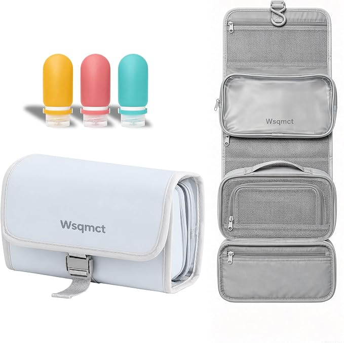 Hanging Travel Toiletry Bag, Waterproof Travel Bag for Toiletries Makeup Cosmetic Bag Organizer for Women Traveling Bathroom Shower, with 3 Silicone Travel Bottles, Blue by wsqmct