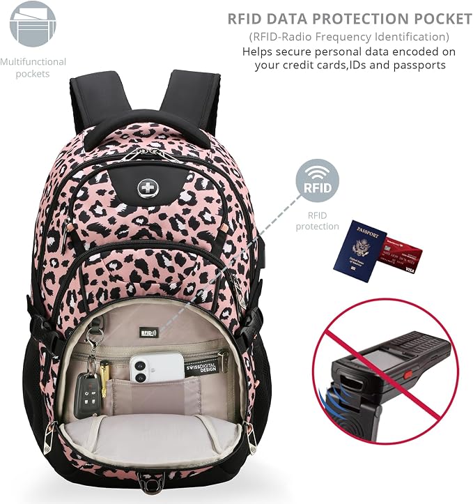 Swissdigital Laptop Backpack with USB Charging Port, Travel Backpack Fits 15.6 inches Computer, 31L Backpack for Women, Pink Leopard | SD803-102 - Image 2