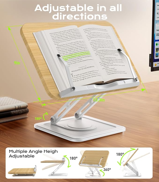 LOXP Ergonomic Book Stand for Reading, 360° Rotating Holder with Page Clip | Adjustable height angle, Hands-free, anti-slip base, Fits tablets cookbooks magazines laptops, wood and metal, White - Image 6