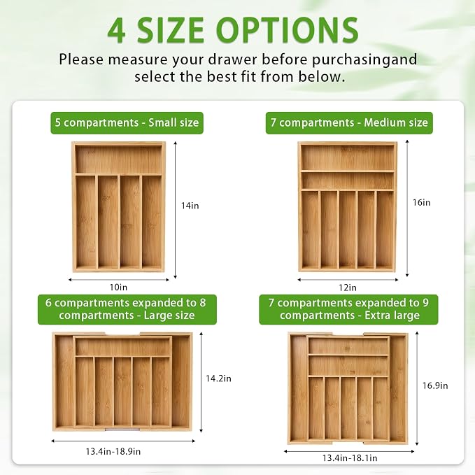 Bamboo Expandable Silverware Drawer Organizer, Adjustable Utensil Tray Cutlery Holder for Kitchen Drawer, Flatware Storage Organizer for Spoons, Forks and Knives, Natural (9 Slot,) - Image 6