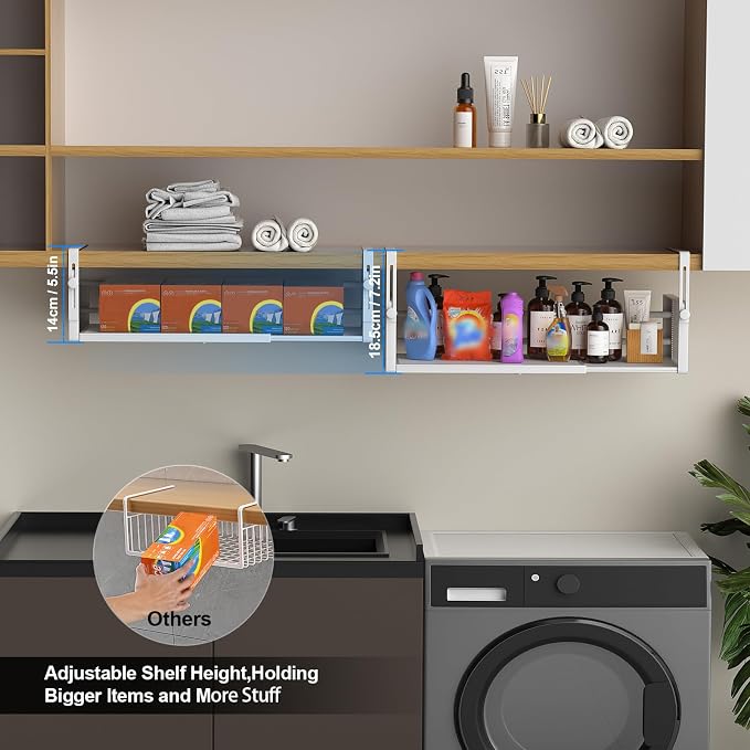 AmonHouseware 2Pack Expandable Under Shelf Storage Basket Organizer, White | Adjustable Hanging,Length Stretchable14.9-22.6Inch,Under Cabinet Shelf for Laundry Room Kitchen Pantry Desk Counter Cupboard - Image 4