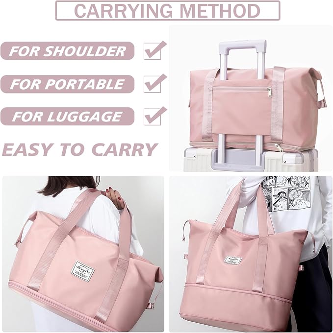 INVODA Travel Duffel Bag For Women and Men Waterproof Expandable Weekender Overnight Bag Carry on Tote Bag Dry Wet Separation Swim Sports Travel Gym Bag (Dark Pink) - Image 3