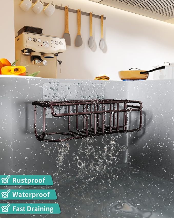 HapiRm 4 in 1 Adhesive Kitchen Sink Organizer, SUS304 Stainless Steel Brush Holder + Dish Cloth Hanger + Soap Rack + Sink Stopper Holder, No Drilling Sponge Caddy for Kitchen - Bronze - Image 2