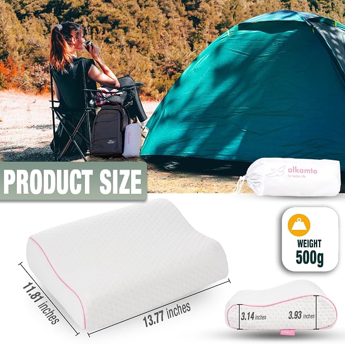 alkamto Travel & Camping Comfortable Memory Foam Pillow – Easy to Carry Portable Bag – Temperature Regulating Pillow Case (Pink Contour + Extra Cover) - Image 2