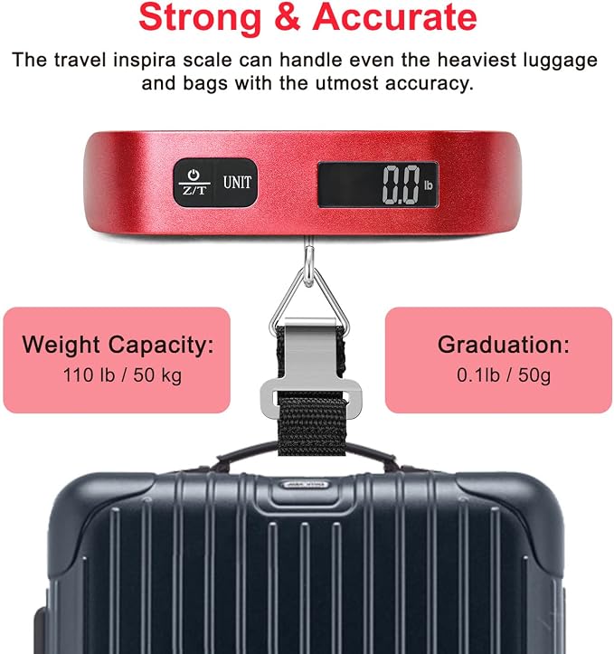 travel inspira Luggage Scale, Portable Digital Hanging Baggage Scale for Travel, Suitcase Weight Scale with Rubber Paint, Temperature Sensor, 110 Pounds, Battery Included - Image 3
