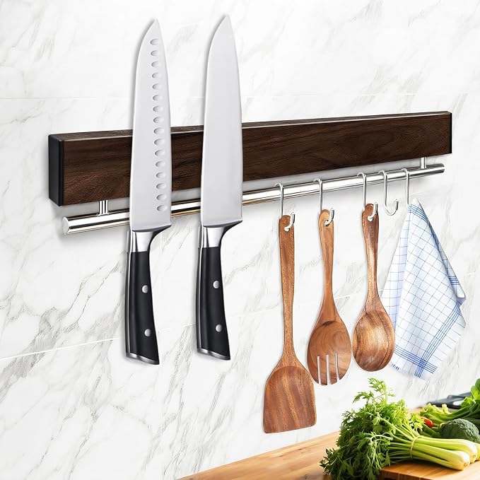 12 Inch Magnetic Knife Holder for Wall - Stainless Steel Magnet Knife Strip No Drill with 5 Hooks/Adhesive Tape/Screws, Wall Mounted Kitchen Utensil Holder, Walnut-Finish Magnetic Knife Organizer by Unknown