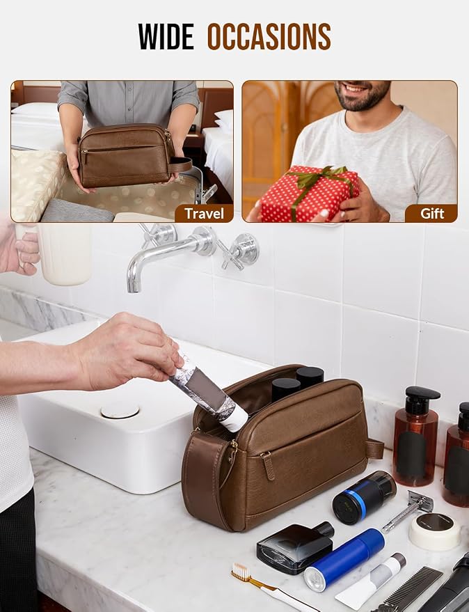 PU Leather Toiletry Bag for Men - Water Resistant Travel Bag for Toiletries, Bathroom Essentials, Accessories - Brown - Image 6