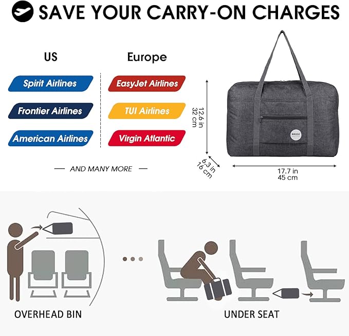 WANDF Personal Item Travel Bag, Carry On Duffle Bag Women | 18x14x8 inches, Airline Underseat Aprroved, Weekend Overnight Trips, Lightweight Packable - Image 2