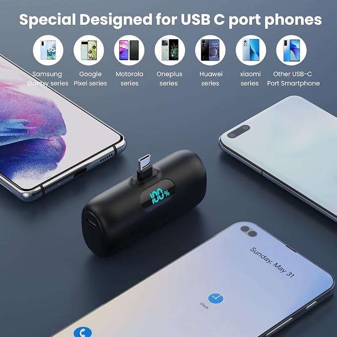 [2-Pack] Mini Portable Charger 5000mAh Power Bank,3A PD USB C Cell Phone Portable Power, LCD Display Battery Pack Compatible with iPhone 17/17 Air/16/16 pro/15/15 pro Max/Android/Samsung/Moto/LG etc - Image 3