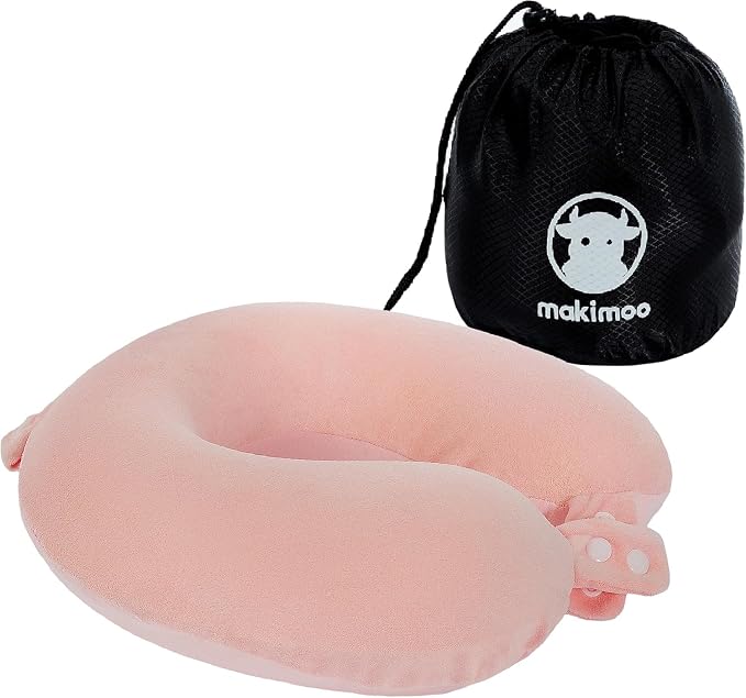 Travel Neck Pillow, Top Memory Foam Pillow for Head Support, Ideal for Airplanes, Cars, and Home Recliners, Adjustable and Soft (Pink) by Makimoo