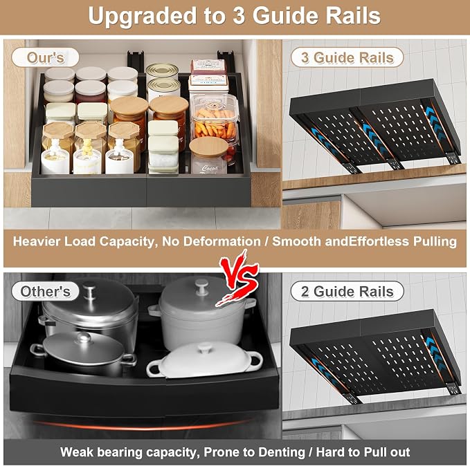 Fokyfok Pull out Cabinet Organizer,14"-21"W,17"-24"D,Expandable,Adhesive | No Drill,3 Rails,Adjustable Slide out Drawers for Kitchen,Pantry,Roll out Shelves,for Cabinets Without Lip,Bathroom,Black,1PC - Image 4