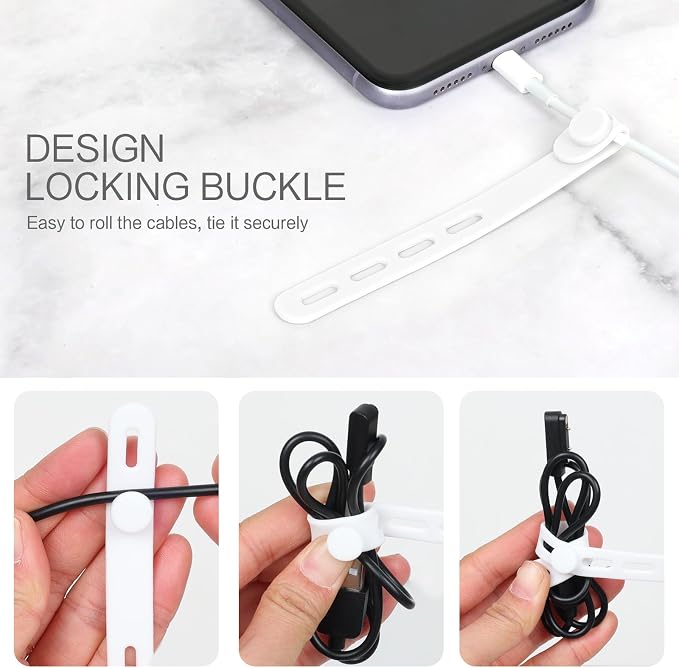 Donruby 24Pcs Silicone Cable Ties - Reusable & Washable with Locking Buckles, Adjustable Fastening Cable Management Straps, Multi-Purpose High Elasticity Cord Organizer (White) - Image 5