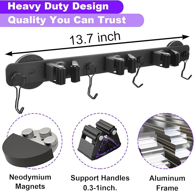 Heavy Duty Magnetic Mop Broom Holder with Swivel Hooks | Strong Magnet Mount Tool Hanger Organize System Utility Rack for Refrigerators Laundry Garage Kitchen - Image 5