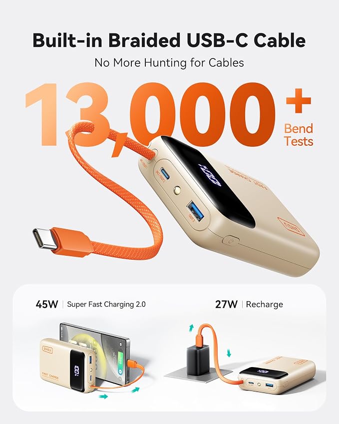 INIU 20000mAh Portable Charger, Smaller 45W Fast Charging Travel Power Bank | Flight-Safe, Built in USB-C Cable, Travel Essential, Battery Phone Pack for iPhone 17 16 Pro, Samsung S26, iPad etc, Beige - Image 4