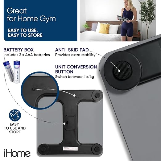 iHome Digital Scale, Bathroom Scale, Batteries Included, Scale Body Weight, Weight Scale, Digital Scale, Bathroom Scales for Weight, Digital Scales for Body Weight (Grey) - Image 5
