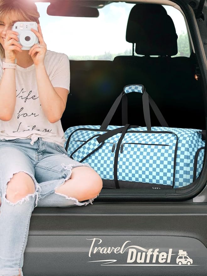 Lekesky Foldable Travel Duffle Bag for Women, Large Duffel Bag with Separate Shoes Compartments & Straps, Carry On Weekend Bag for Women, Hospital, Overnight (Green Gingham, 80L) - Image 2