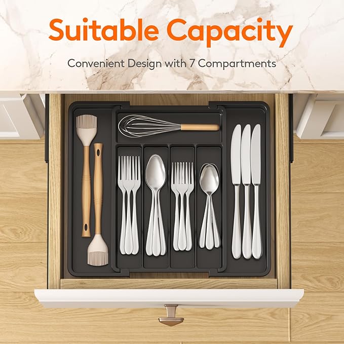 Lifewit Expandable Silverware Drawer Organizer, Kitchen Utensil Tray | BPA-free Plastic Flatware Cutlery Holder, Space-Saving Storage for Spoons Forks Knives, 8-13.8 x 11.2 x 1.4“, Black - Image 2