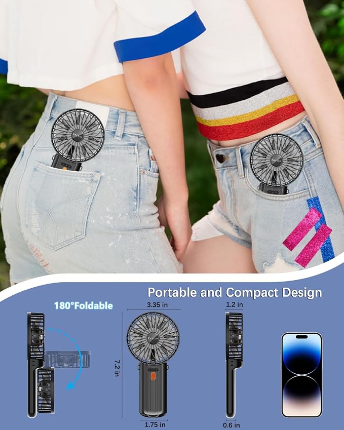 2 Pack Portable Handheld Fan, Mini Hand Held Fan, 6-15H Cooling Small Personal Fan, 180° Foldable Mini Desk Fan with 4 Quiet Speed, Neck Fan w/Lanyard for Kids Women Men Travel Outdoor Office, Black - Image 4