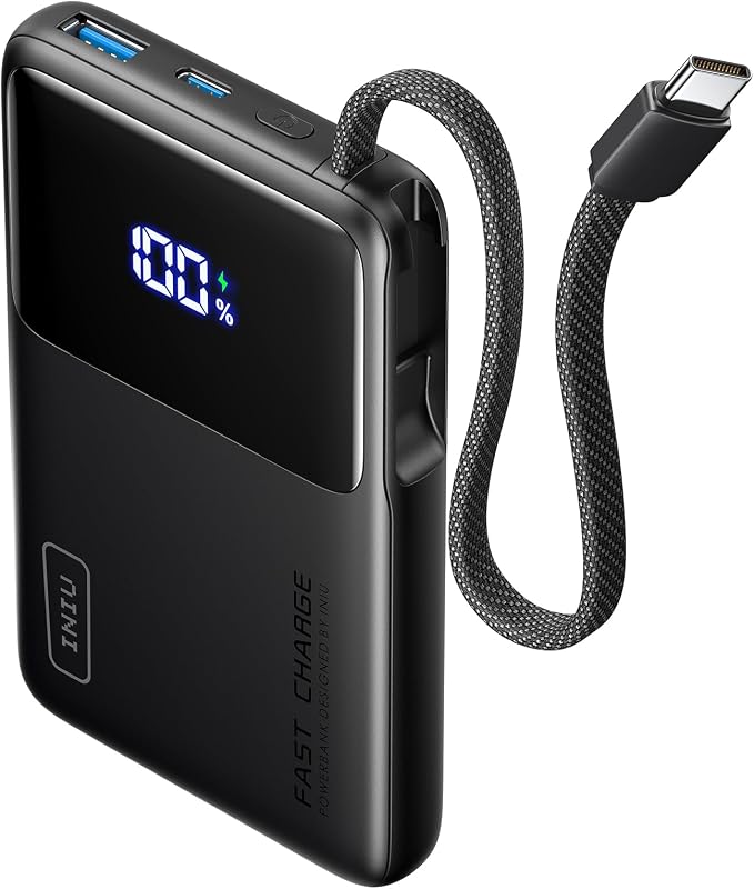 INIU 10000mAh Portable Charger, Smaller 45W Fast Charging Travel Power Bank | Flight-Safe for Travel, Built in USB C Cable, LED Display, Battery Pack for iPhone 17 16 Pro, Samsung S26, iPad etc by INIU
