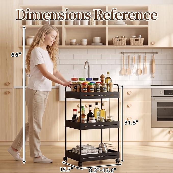 Extendable 3 Tier Heavy Duty Metal Utility Cart for Bath, Black | Adjustable Storage Slim Cart | with 360° Swivel Wheels Cart | Detachable | Perfect for Laundry, Kitchen, Office, Garage - Image 2