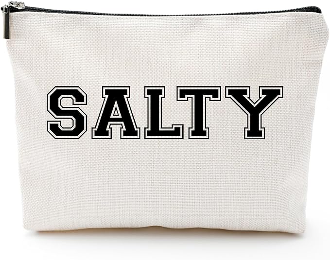 Funny Makeup Bag for Women - "SALTY" Sassy Cosmetic Pouch - Preppy Varsity Letter Style Travel Toiletry Organizer - Cute Beige Canvas Zipper Clutch for Beach Vacation, College Dorm & Best Friend Gift by ZUYUROU