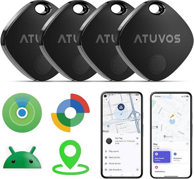 ATUVOS Air Tracker Tags-4 Pack for Android & iOS, Tracker Tags Work with Google Find Hub or Apple Find My APP, Smart Tags for Android, IP67 Waterproof Bluetooth Tracker Tag for Luggage, Keys by ATUVOS