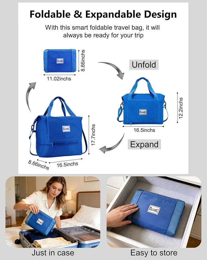 Foldable Travel Duffel Bag for Women, Blue | 40L Expandable Water-Resistant Carry on Bag, Personal Item Travel Bag Flight Approved with Wet Pocket for Gym Travel, Nylon - Image 5