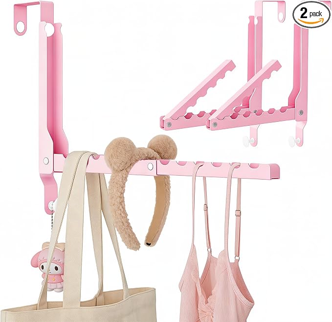 Pink Over the Door Hooks,Foldable Over the Door Hanger for Clothes | Heavy-duty for up to 1 3/4" thick door, with 11 slots for hanging clothes, perfect for laundry rooms and bedrooms to hang by WLCSNG