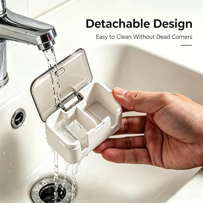 Toothbrush Holder Wall Mounted with Pop-Up Waterproof Cover, 2 Slots & Ventilated, No-Drill Adhesive Bathroom Organizer, Detachable Easy Clean, Fits Most Manual & Electric Toothbrushes (1pc Grey) - Image 5