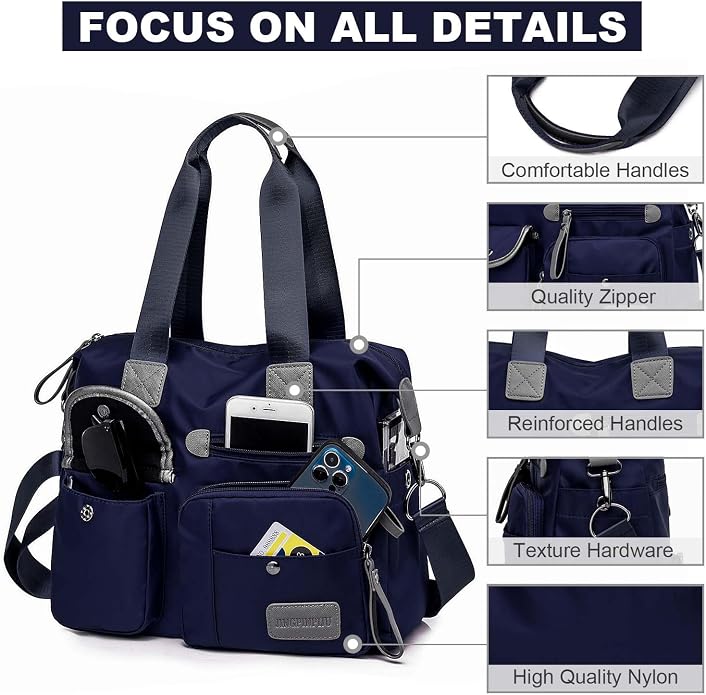 Tote Bag for Women,Multi Pockets Shoulder Handbag,Nurse Bag for Work,Large Cross body Purse,Fashion Nylon Top Handle Satchel - Image 5