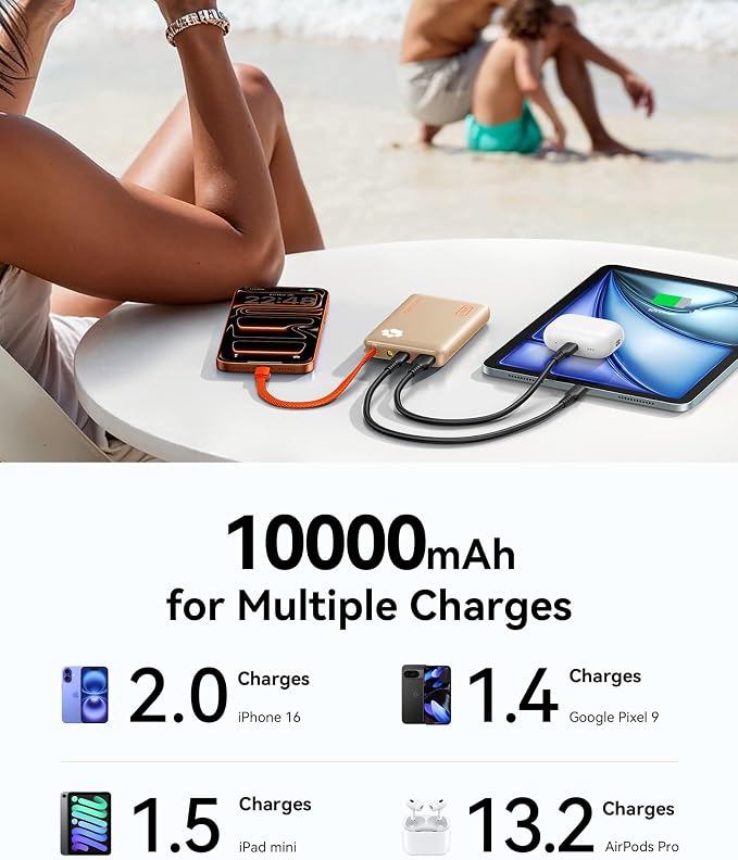 INIU 45W Fast Charging Tablet Portable Charger, Smaller 10000mAh Power Bank | Flight-Safe, Built-in USB C Cable, Flashlight, Battery Phone Pack for Tablet, iPad, iPhone 17 16, Samsung S26 etc, Beige - Image 7