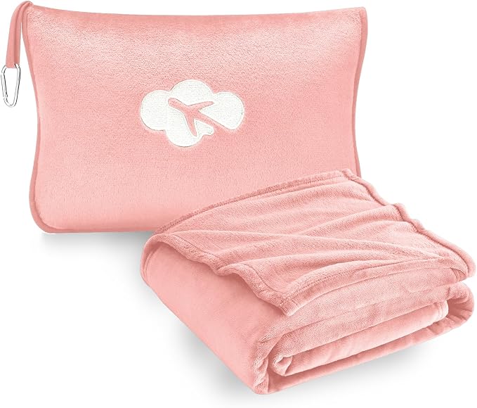 Travel Blanket and Pillow Compact, Premium Soft 2 in 1 Airplane Blanket with Soft Bag Pillowcase，Hand Luggage Sleeve and Backpack Clip (Solid Pink) by JungleStar