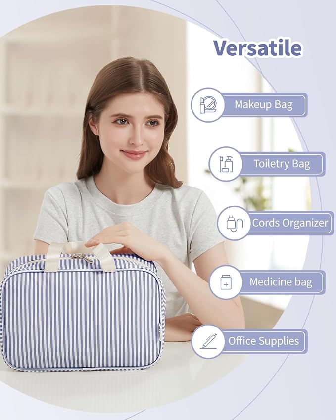 Full Size Toiletry Bag Women Large Cosmetic Bag Travel Makeup Bag Organizer Medicine Bag for Toiletries Essentials Accessories (Greyish Blue Stripe, Large) - Image 6