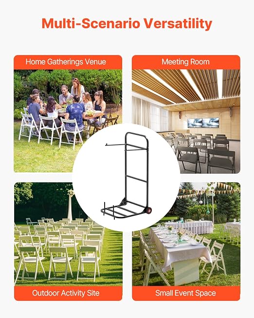 VEVOR Folding Chair Rack, 100 LBS Capacity, Heavy-Duty Chair Cart for Hanging 10 Chairs, Multi-Function Metal Chair Storage Dolly with Rubber Wheels, Push-Style Chair Holder, Matte Black - Image 6