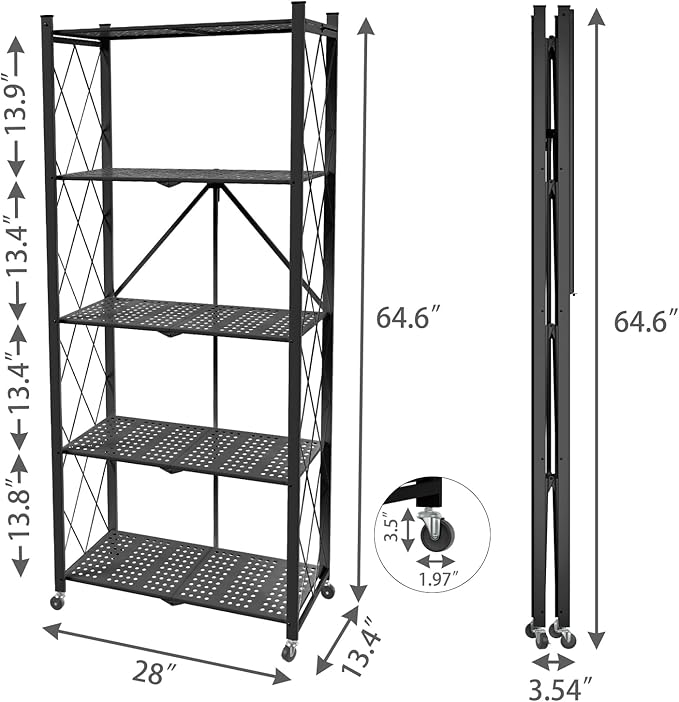 5 Tier Folding Shelf with Wheels,Metal Steel Collapsible Shelves | No Assembly Portable Shelves Organizer Rack,Rolling Standing Utility Rack for Kitchen, Pantry, Office, Black - Image 3