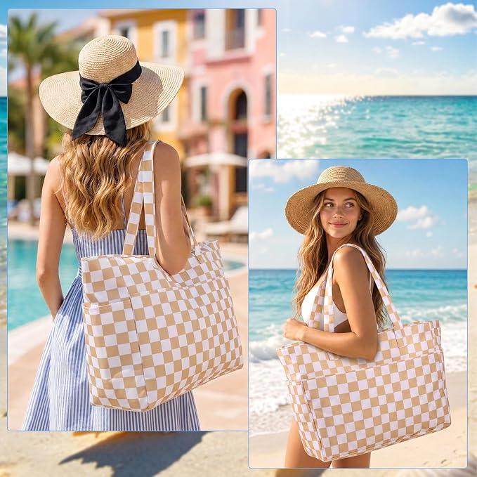 JATEBI Beach Bag with Makeup Pouch for Women | Waterproof Pool Tote Bags with Wet Compartment for Swim Shopping Travel, Zipper, Wet Compartment, 5 Pockets - Image 2