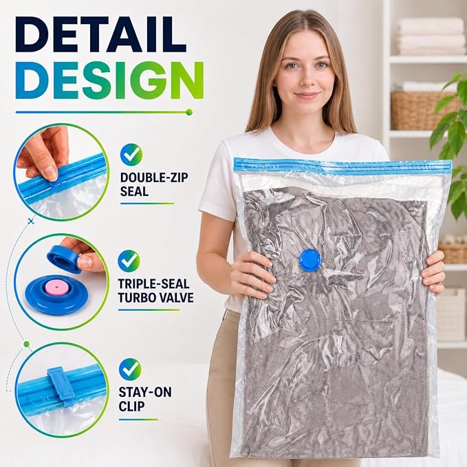Vacuum Storage Bags,20Pack Vacuum Seal Bags for Clothing,Travel,Clothes,Comforters,Blankets,Pillows-4 Jumbo+4 Large+4 Medium+4 Small+4 Roll Up Space Saving Bag Hand Pump Inclued - Image 6