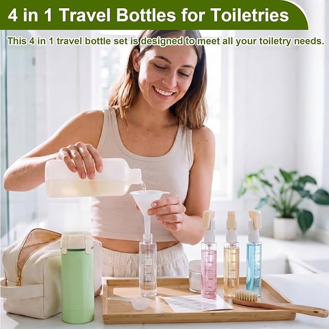 2 Pack 4 in 1 Travel Dispenser with 30ml Travel Bottles and Label Refillable & Leak Proof Portable Toiletry Containers with Locks for Shampoo Lotion Conditioner Cream (Green) - Image 4