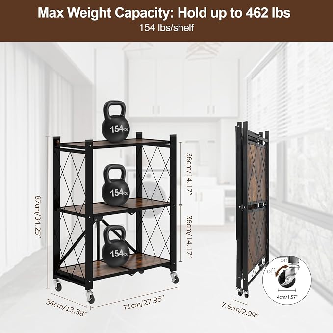 3 Tier Folding Shelf with Wheels, Wood and Metal Bookshelf | No Assembly Foldable Storage Shelves, Vintage Storage Rack for Living Room, Bedroom, and Home Office - Image 2